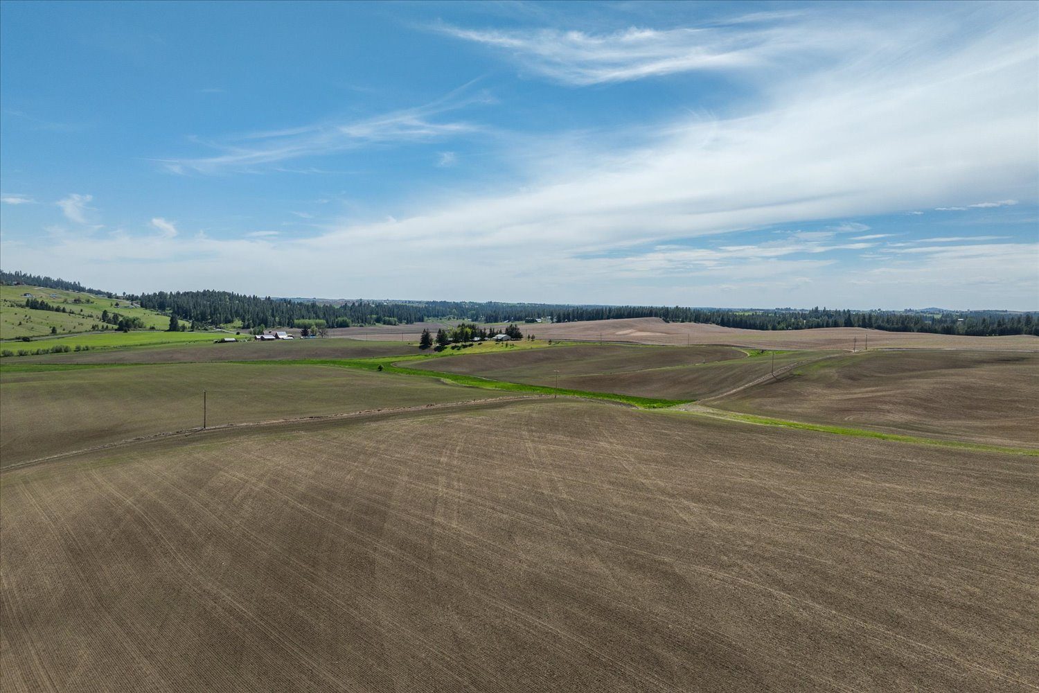 Aerial photograph of the Jackson Road tract at Mica, looking across cultivated ground toward the ridge